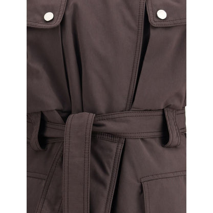 The Andamane Purple Polyester Coat with snap button closure and knotted belt for a refined silhouette, featuring front flap pockets.