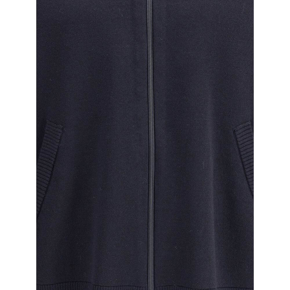 Thom Browne Blue Fleece Wool Cardigan with front zipper, ribbed cuffs, welt pockets, and iconic sleeve band detail.
