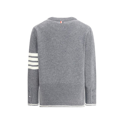 Back view of Thom Browne Gray Fleece Wool Sweatshirt showing ribbed hem and iconic bands on left arm.