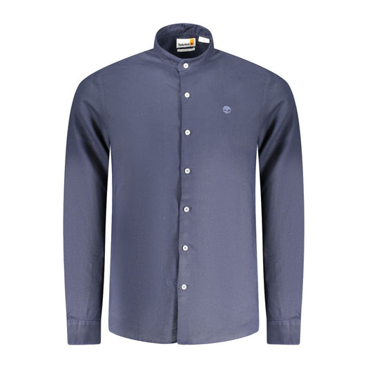 Timberland Blue Cotton Shirt, slim fit, mandarin collar, long sleeves, button-up, embroidery logo design.