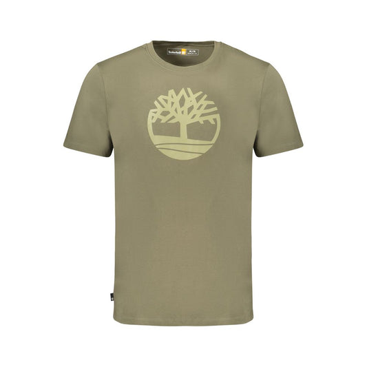 Timberland Green Cotton Men T-Shirt with logo, short sleeves, crew neck, premium fabric for comfort and style.