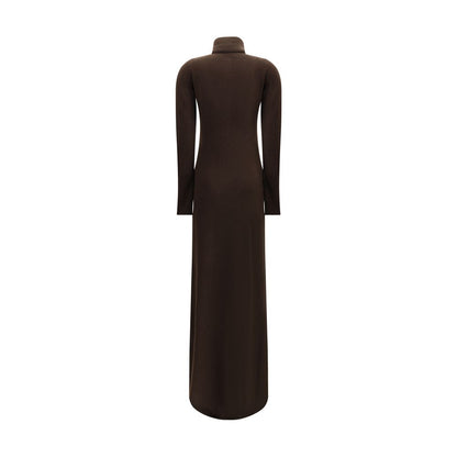 Back view of Tom Ford Brown Cashmere Casual Dress with high collar and ribbed cuffs, showcasing elegant long knit design.
