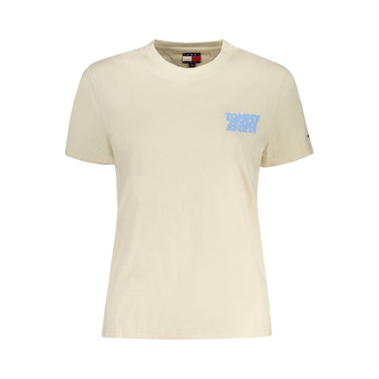 Tommy Hilfiger Beige Cotton Women T-Shirt with vibrant print and embroidery, short sleeves, crew neck, sustainable fashion choice.