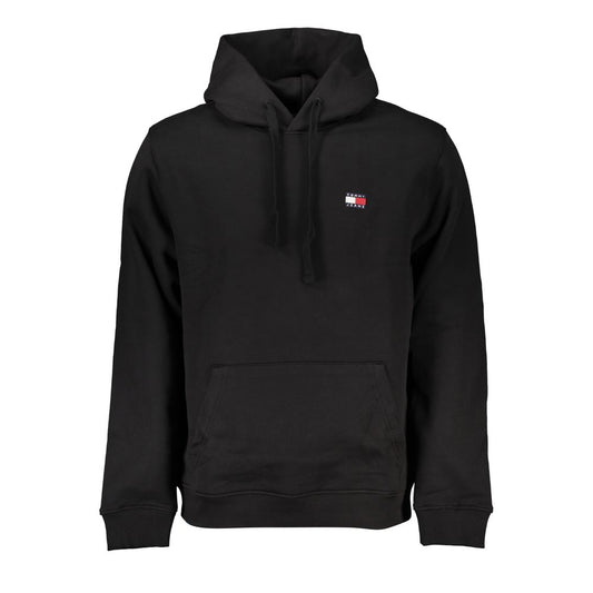 Tommy Hilfiger Black Cotton Men Sweater with Hood, featuring cozy fleece, single front pocket, and iconic logo detailing for stylish comfort.