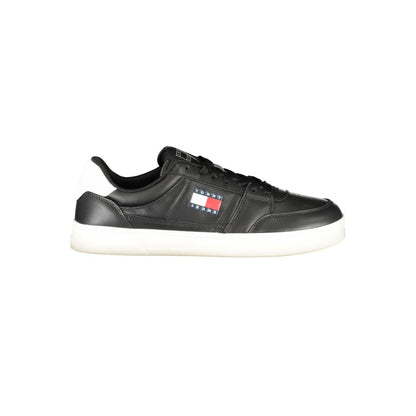 Tommy Hilfiger Black Leather Men Sneaker with white sole and logo emblem on side.
