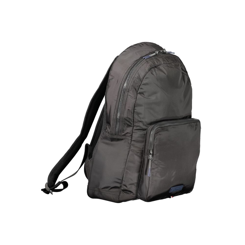 Tommy Hilfiger Black Nylon Backpack with adjustable straps, external pocket, laptop compartment; made of 50% recycled nylon.