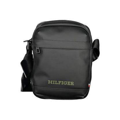 Tommy Hilfiger Black Polyethylene Shoulder Bag with adjustable strap and zipper, featuring logo and pockets.
