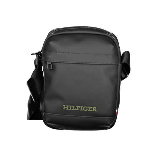 Tommy Hilfiger Black Polyethylene Shoulder Bag with adjustable strap and zipper, featuring logo and pockets.