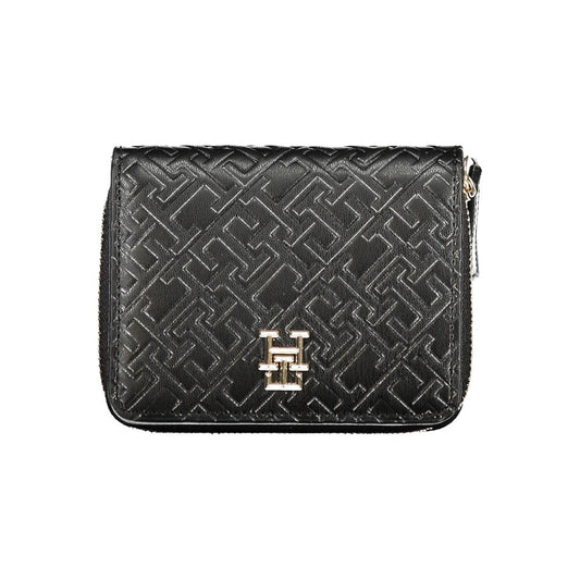 Tommy Hilfiger Black Polyethylene Wallet with logo, card spaces, coin purse, zip closure, contrasting details.