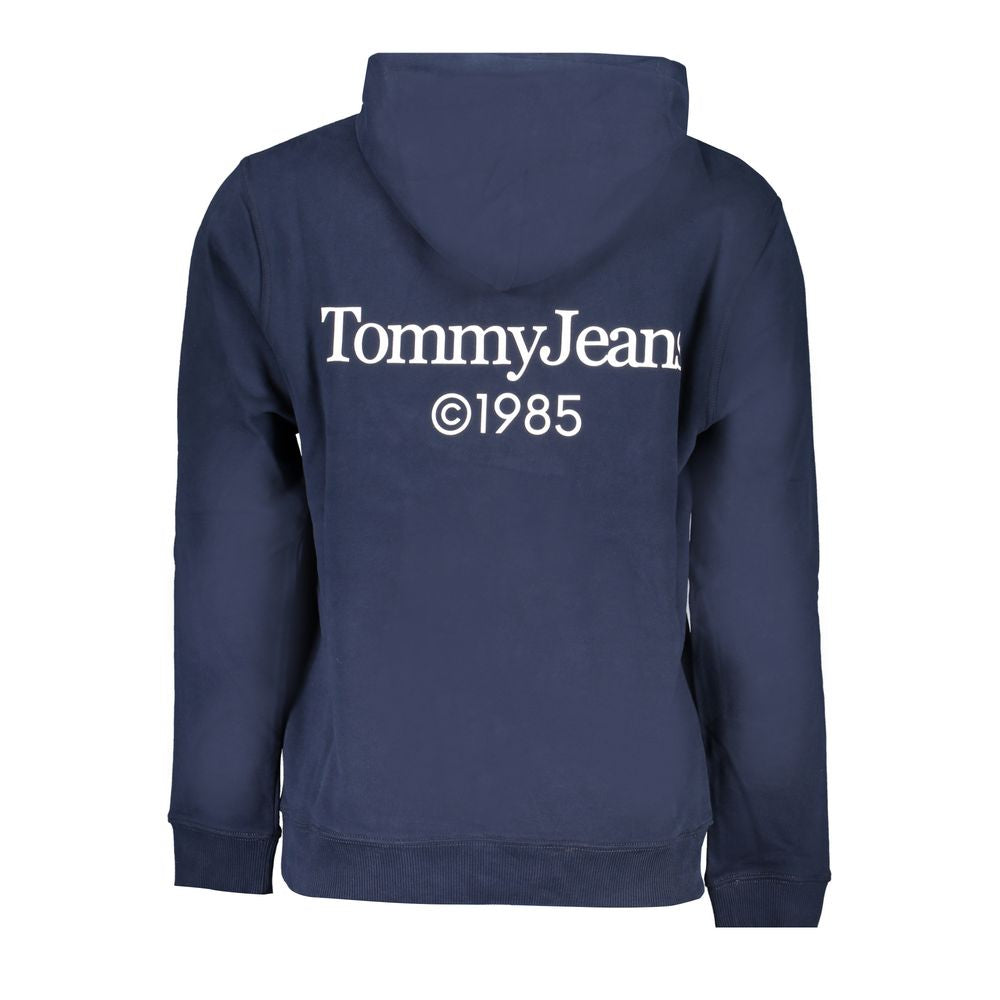 Back view of Tommy Hilfiger Blue Cotton Men Sweater with hood and logo.