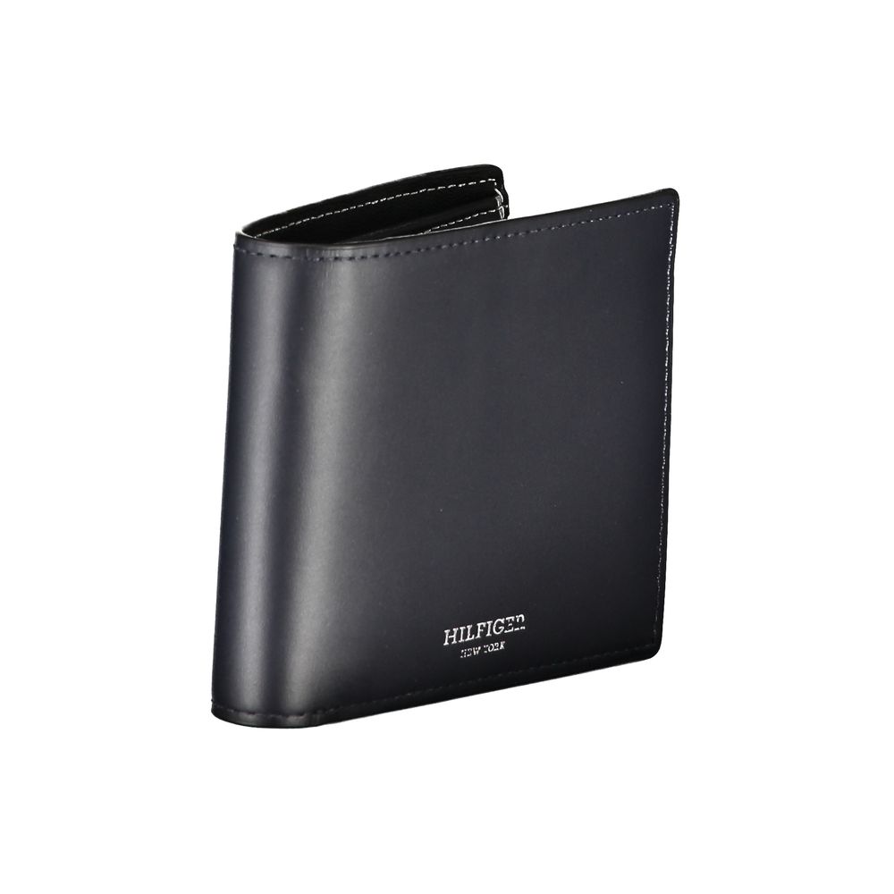 Alt Tag: Tommy Hilfiger Blue Leather Wallet with 2 compartments, coin purse, card holder, and contrast details, featuring logo.