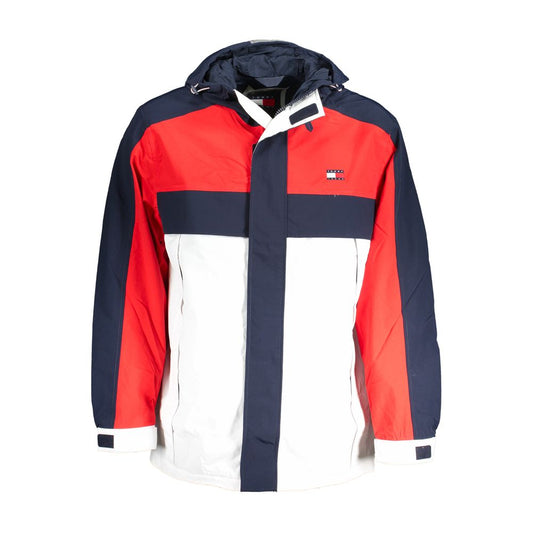 Tommy Hilfiger Blue Polyamide Men Jacket with hood, contrasting red and white panels, and logo. Features zip and strap closure.