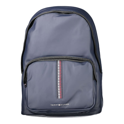 Tommy Hilfiger Blue Polyethylene Backpack with logo, external pocket, adjustable straps, and laptop compartment.