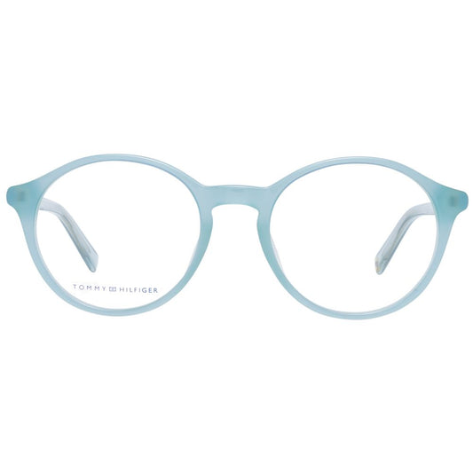 Tommy Hilfiger Blue Women Glasses Frame in full-rim round style, plastic material, featuring demo lenses. Size 50-12-145.