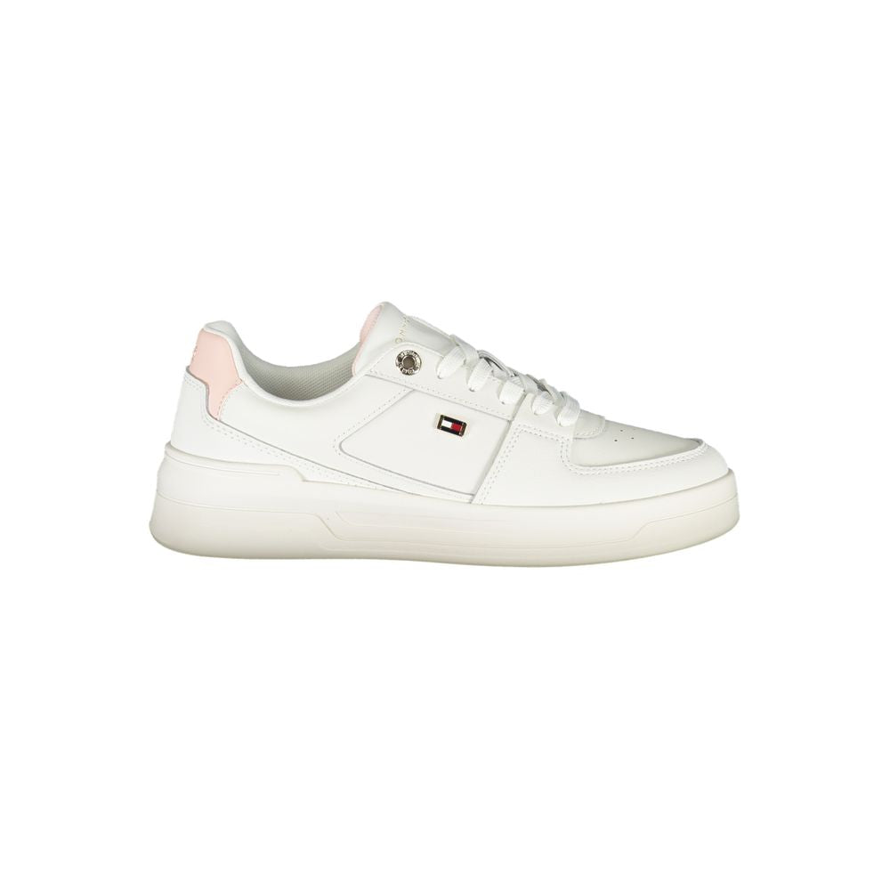 Tommy Hilfiger Elegant White Lace-Up Sneakers with Contrast Detail showing side view and logo