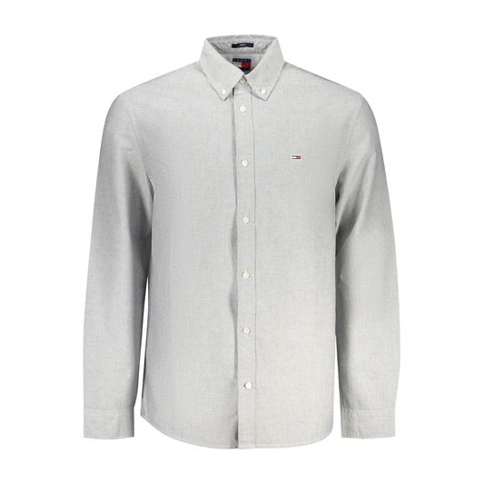 Tommy Hilfiger Gray Cotton Men Shirt with long sleeves and button-down collar, featuring Tommy Hilfiger logo embroidery.