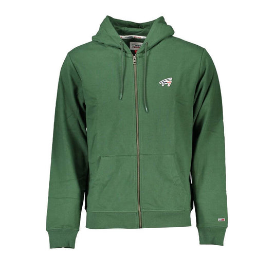 Tommy Hilfiger Green Cotton Men Sweater with Hood, eco-friendly hoodie with iconic logo, crafted from 95% recycled fibers.