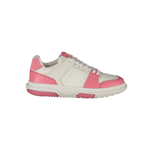 Tommy Hilfiger Pink Leather Women Sneaker with contrasting pink and white details, stylish and sporty footwear for trendsetting women.