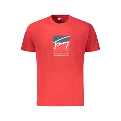 Tommy Hilfiger Red Cotton Men T-Shirt with logo and bold print, made from 95% regenerative cotton, perfect for conscious fashion statements.