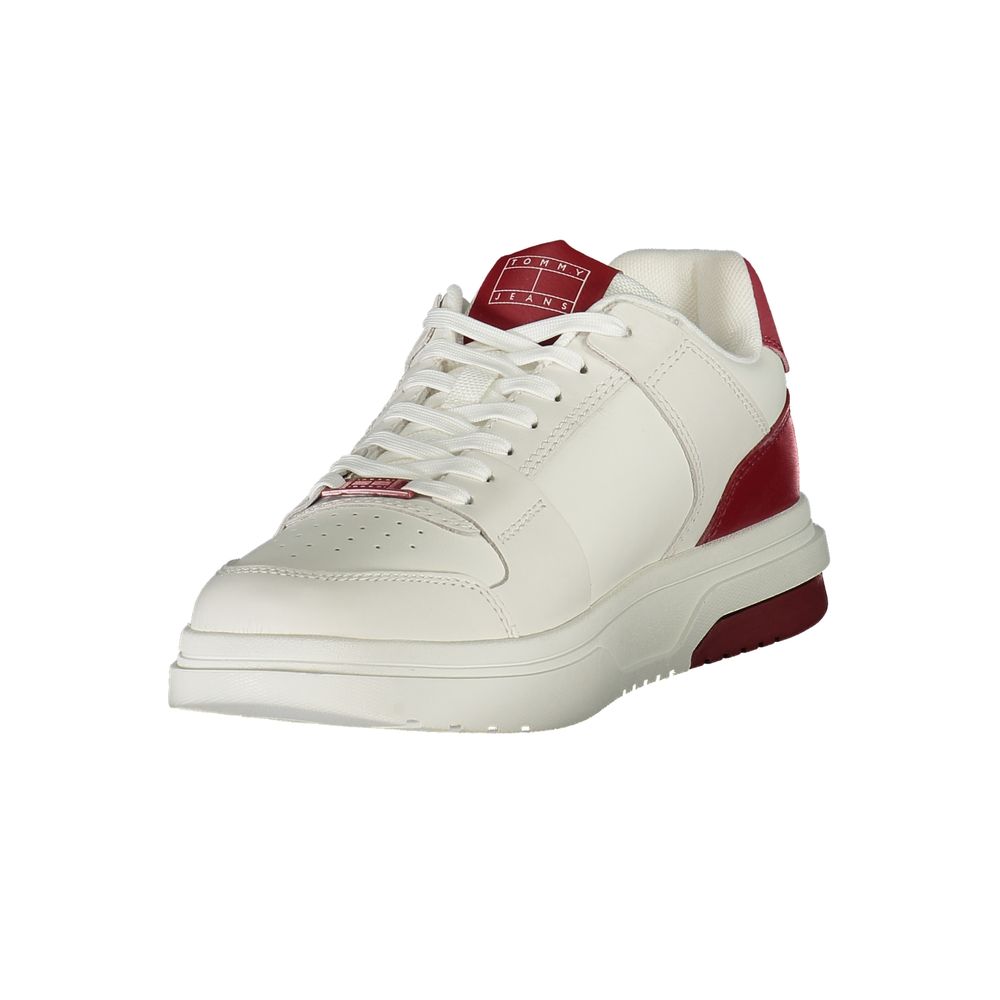 Tommy Hilfiger Red Leather Men Sneaker with white and red design, featuring iconic branding and removable footbed.