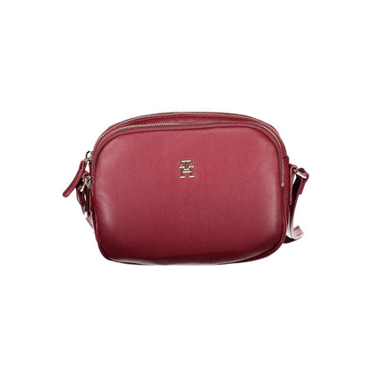 Tommy Hilfiger Red Polyester Handbag with adjustable strap, zip closure, and logo