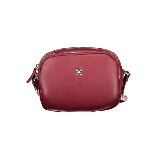 Tommy Hilfiger Red Polyester Handbag with adjustable strap, zip closure, and logo