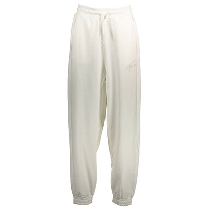 Tommy Hilfiger White Cotton Pant featuring elastic waistband, laces, dual pockets, embroidery logo, made from recycled fiber blend.