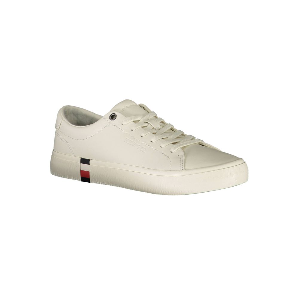Tommy Hilfiger White Leather Men Sneaker with logo detailing and contrasting accents for stylish, casual or athletic wear.