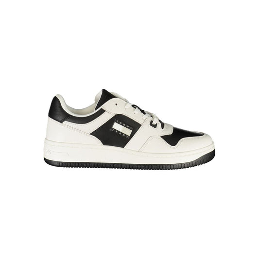Tommy Hilfiger White Leather Mens Sneaker with black details, lace-up design, featuring iconic logo, side view on a white backdrop.