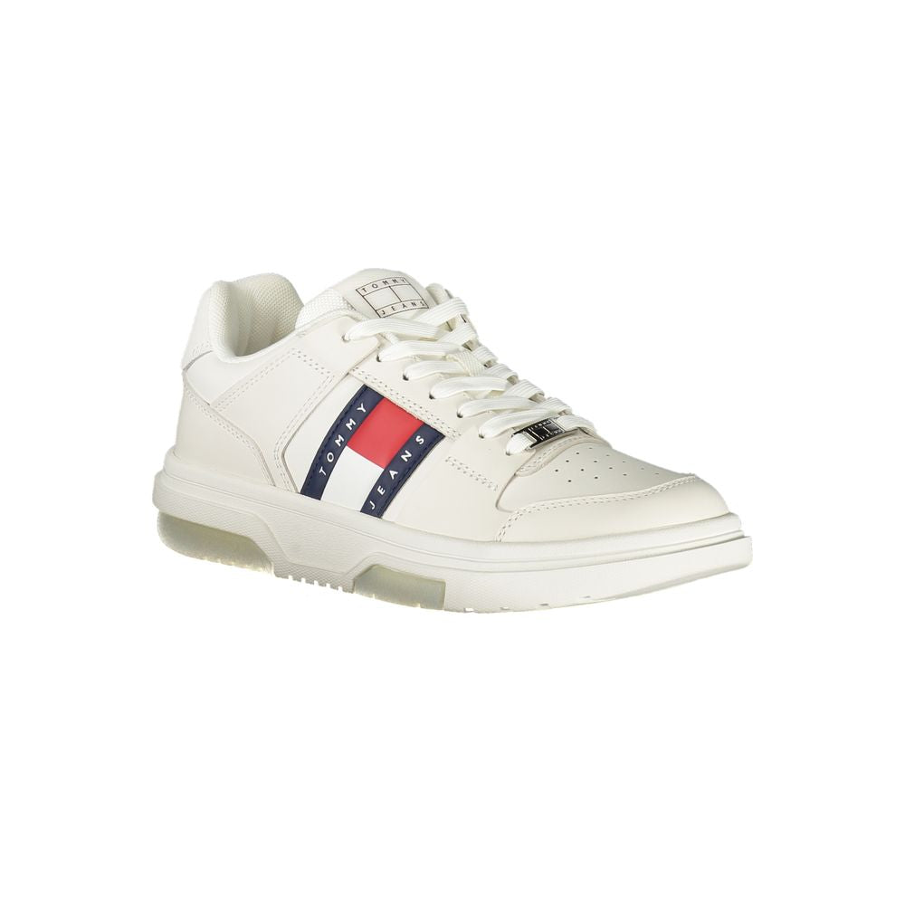 Tommy Hilfiger White Leather Women Sneaker with signature logo and contrasting details, offering style and comfort.