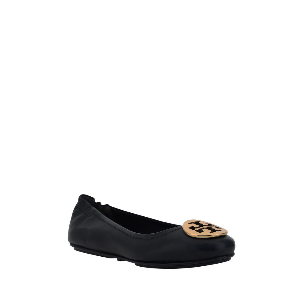 Tory Burch Black Lamb Ovis Aries Aries Ballet Flats with monogram plaque, stylish slip-on ballet flats for AW25 season, in black leather.