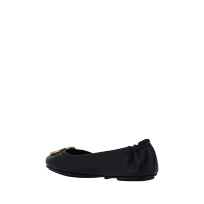 Tory Burch Black Lamb Ovis Aries Aries Ballet Flats, side view with embossed monogram plaque and logo-embossed insole for comfort.