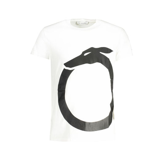 Trussardi White Cotton T-Shirt with crew neck and short sleeves, featuring a bold black logo print design.
