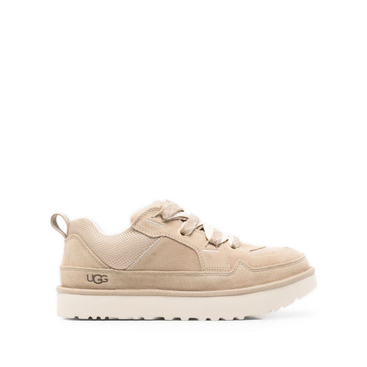 UGG Australia Sneakers Beige with lace-up front, pull-tab, rubber sole, and debossed logo on the side, Lowmel style, platform 0.8 in/2 cm.