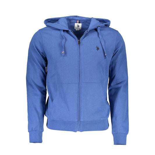 U.S. POLO ASSN. Blue Cotton Men Sweater, stylish zip-up hooded sweatshirt with pockets and logo embroidery, casual elegance for trendsetters