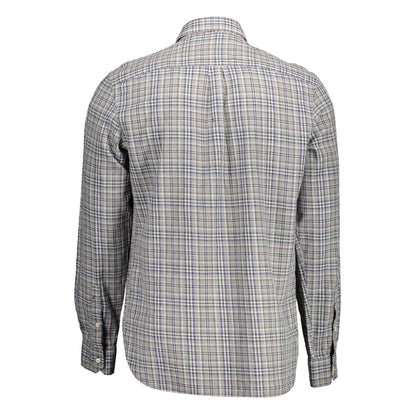 Back view of a U.S. POLO ASSN. Brown Cotton Men Shirt with checkered pattern and long sleeves, featuring a French collar.