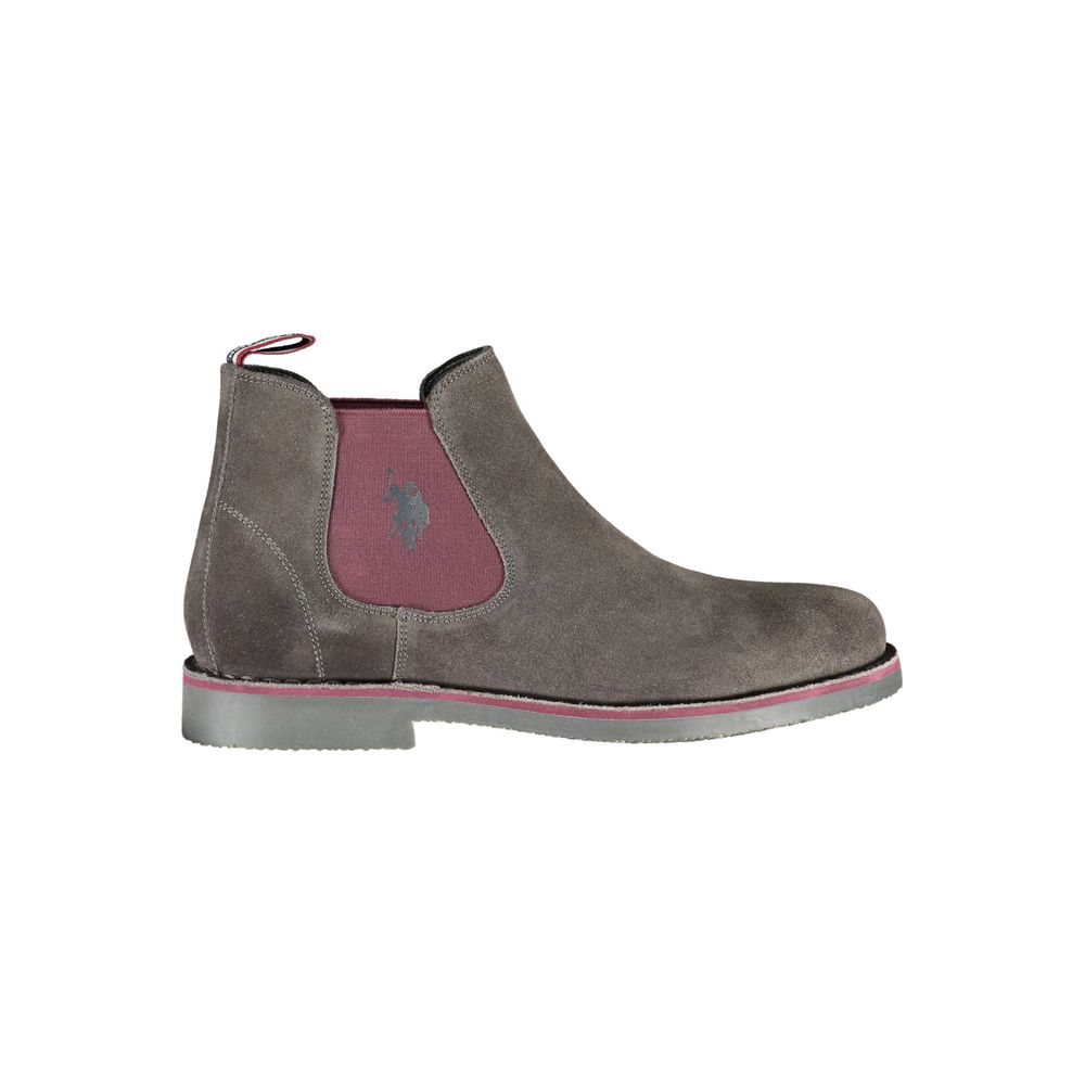 U.S. POLO ASSN. Gray Leather Mens Ankle Boot with elastic panels and logo detailing.