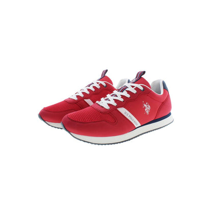 U.S. POLO ASSN. Red Polyester Men Sneaker with white laces and logo, bold red color, stylish sports footwear on white background.