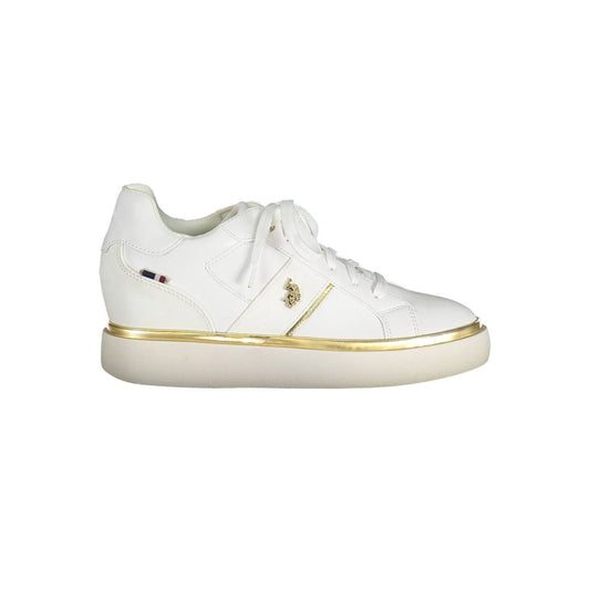 U.S. POLO ASSN. White Polyester Women Sneaker with gold accents, perfect for active lifestyle, featuring luxury logo and sporty design.
