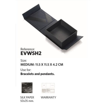 Gift box for bracelets and pendants, medium size 11.5x11.5x4.2 cm, reference EVWSH2, includes silk paper and warranty.