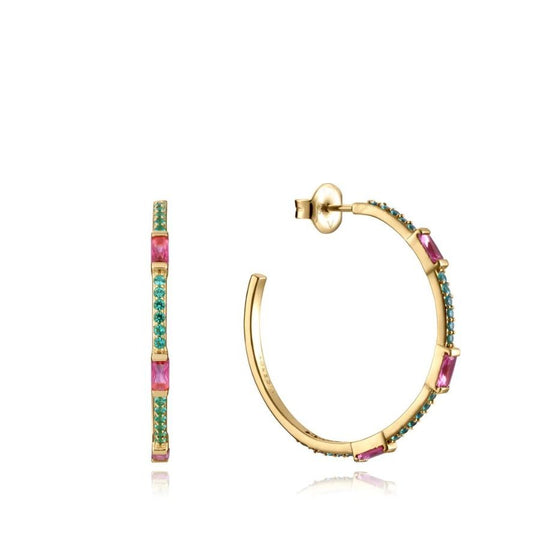 Gold hoop earrings with pink and green stones, perfect accessory for ladies, 3 ATM water resistance, by VICEROY JEWELS Mod. 13173E100-39.