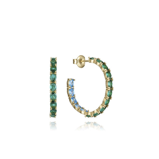 Elegant blue and green gemstone hoop earrings in 14k gold.