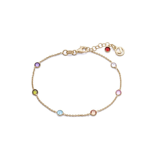 Elegant multicolor gemstone bracelet on gold chain with lobster clasp, featuring delicate round cut gems and adjustable length for versatile wear.