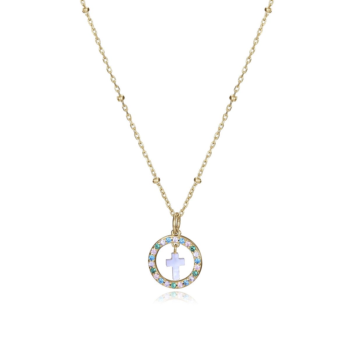 Gold necklace with cross pendant, featuring colorful gemstones, suitable for ladies, showcasing elegance and style.