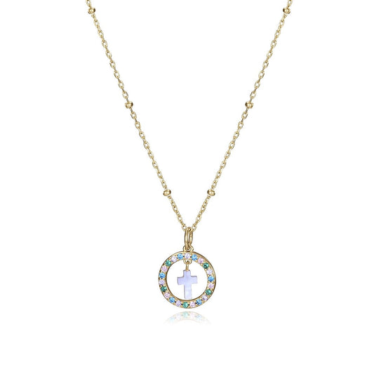 Gold necklace with cross pendant, featuring colorful gemstones, suitable for ladies, showcasing elegance and style.