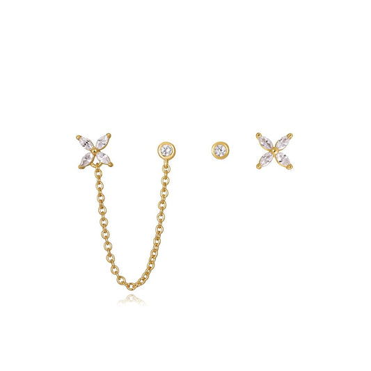 Gold V-shaped earrings with chain and cubic zirconia stones