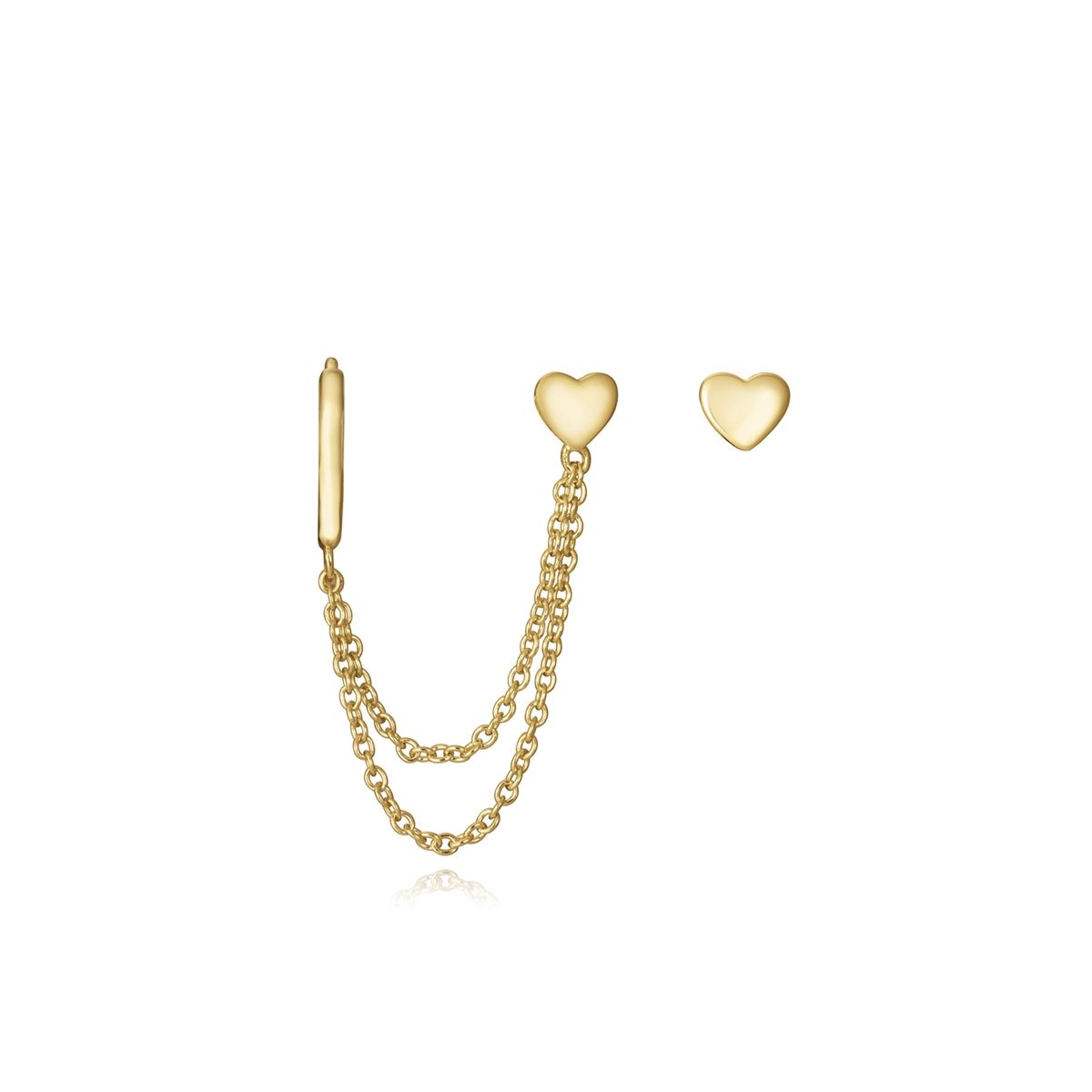Gold earrings with chain and heart design, elegant style for women.