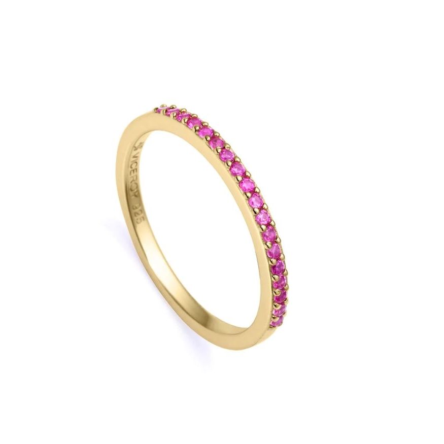 Elegant ladies’ ring adorned with pink gemstones, side view showcasing delicate design and vibrant stones.
