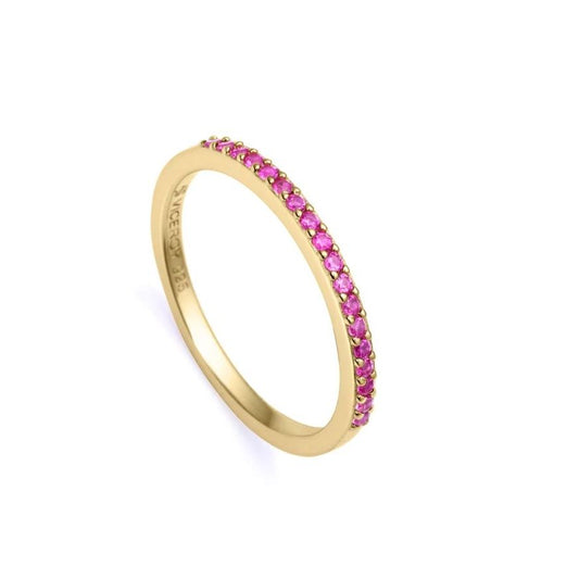 Elegant gold band ring with pink gemstones, showcasing classic design and luxury.