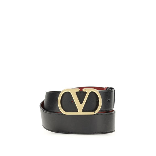 Valentino Garavani Black Calf Leather Bos Taurus Regular Belt with reversible design and iconic VLogo buckle, 4 cm wide.